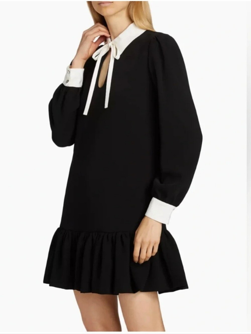 Cinq à Sept Cala Dress NWT Black Ivory Silk Collar Bow Drop Waist Mini Size 0